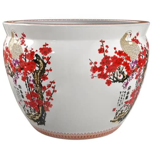 Red Lantern 16" Cherry Blossom Porcelain Fishbowl Planter | Oriental Floral Decor thumbnail 6