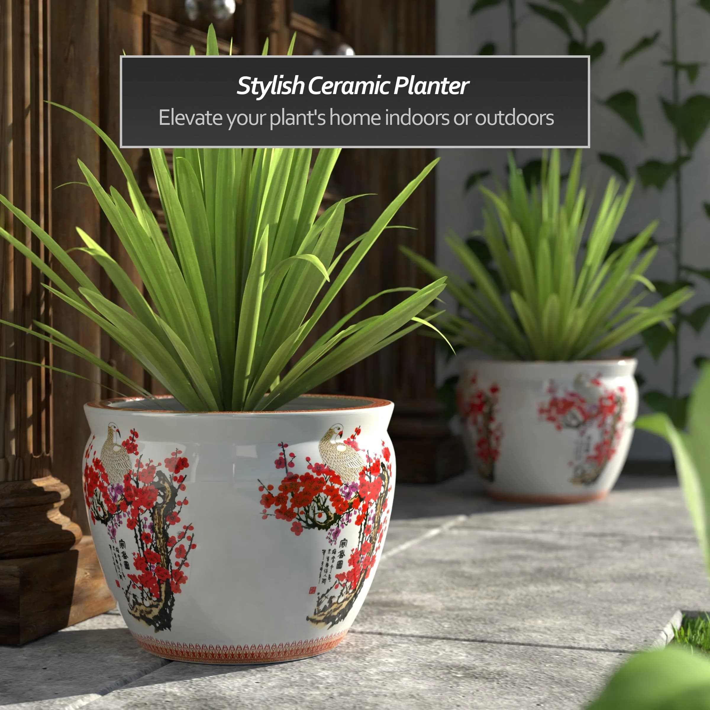 Red Lantern 16" Cherry Blossom Porcelain Fishbowl Planter | Oriental Floral Decor - view 2