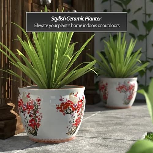 Red Lantern 16" Cherry Blossom Porcelain Fishbowl Planter | Oriental Floral Decor thumbnail 2