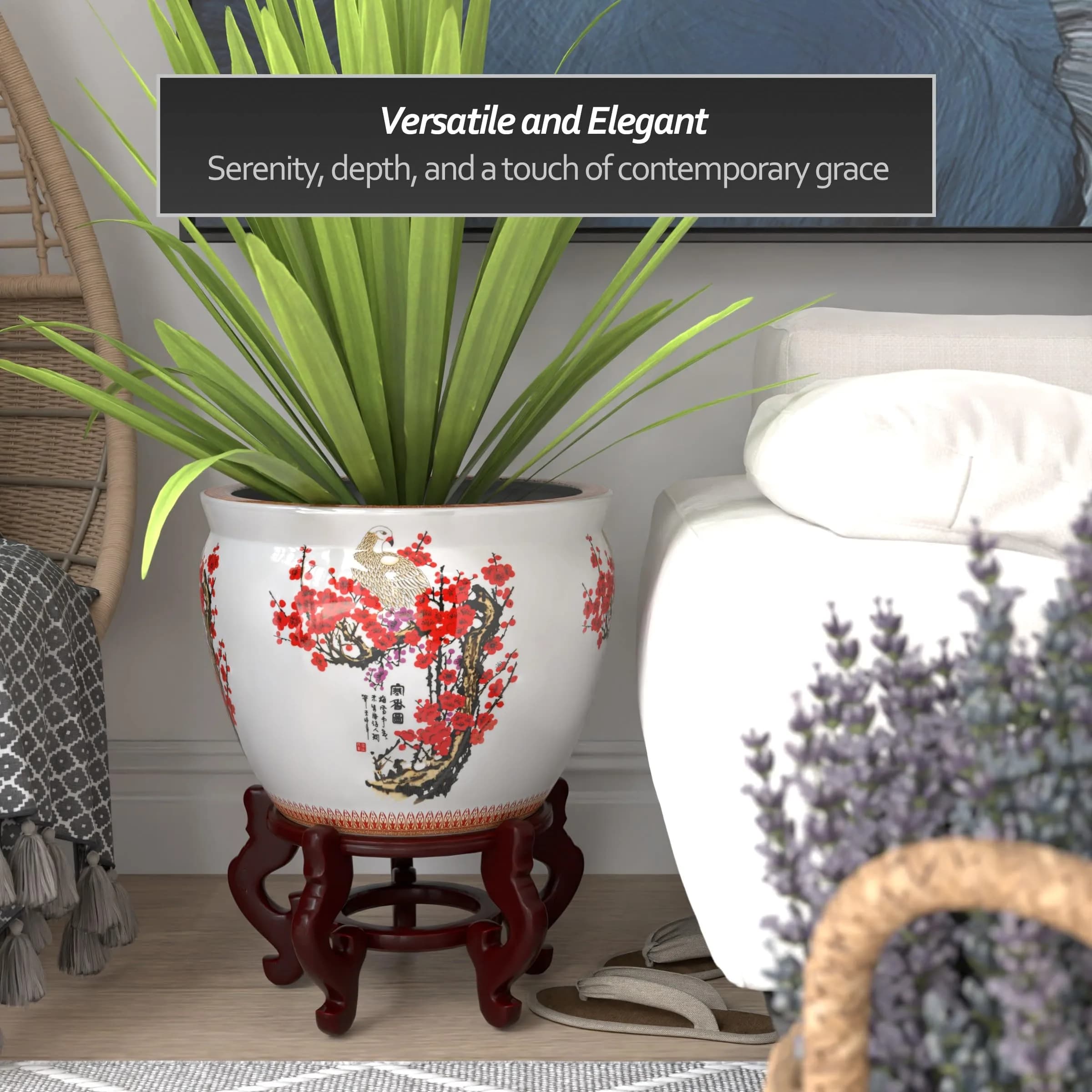 Red Lantern 16" Cherry Blossom Porcelain Fishbowl Planter | Oriental Floral Decor - view 3