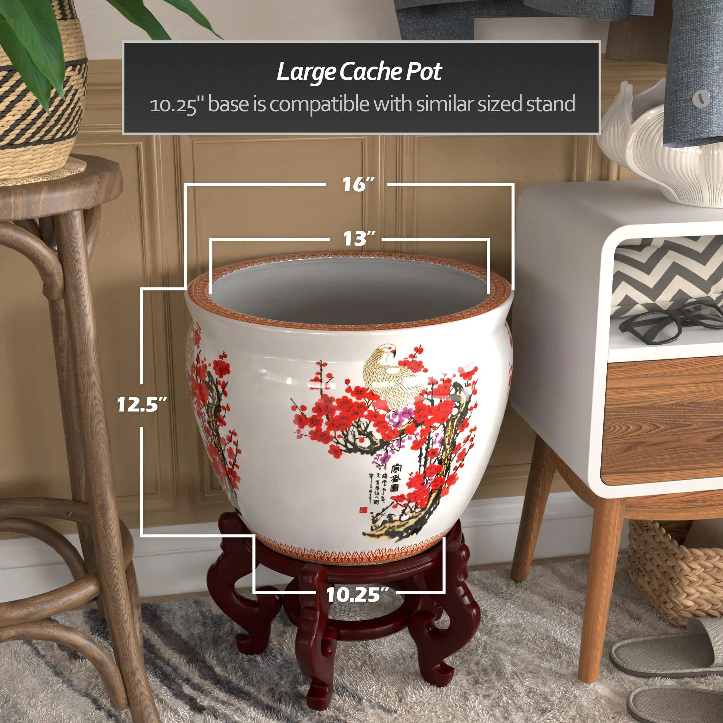 Red Lantern 16" Cherry Blossom Porcelain Fishbowl Planter | Oriental Floral Decor - view 4