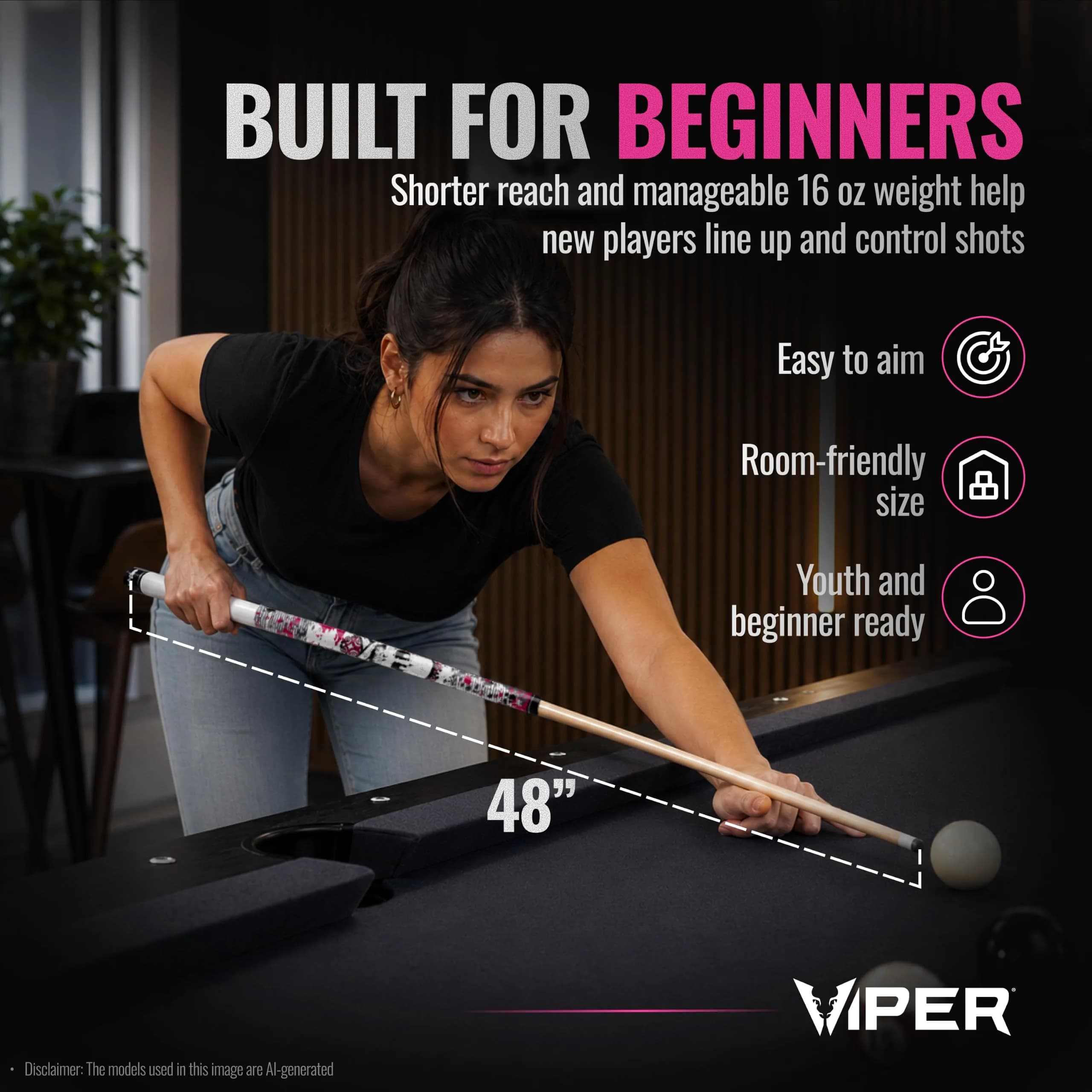 Viper by GLD Products Junior 48" Pool Cue, Pink Bones, 16 Oz | 2-Piece Maple Hardwood - view 6
