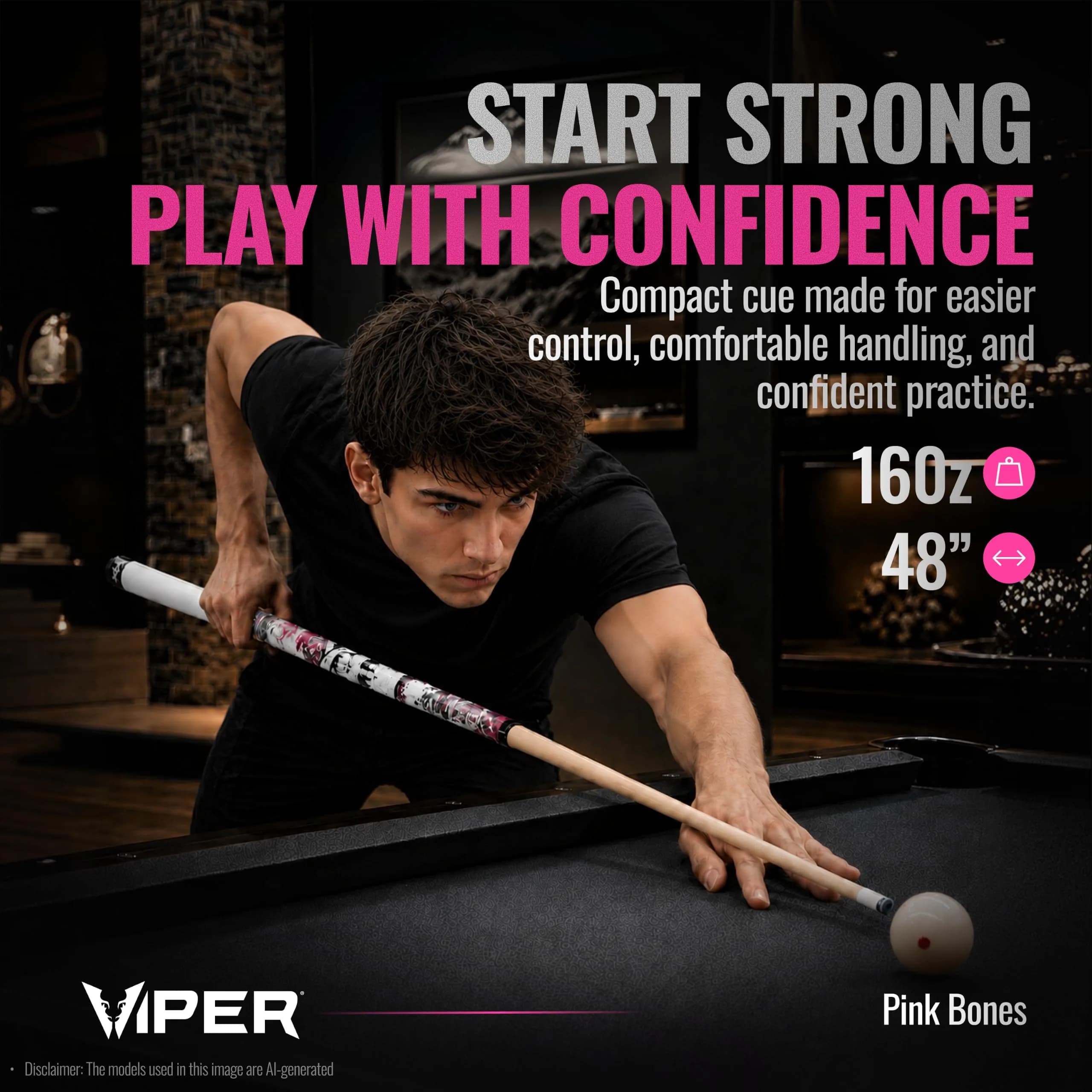 Viper by GLD Products Junior 48" Pool Cue, Pink Bones, 16 Oz | 2-Piece Maple Hardwood - view 2