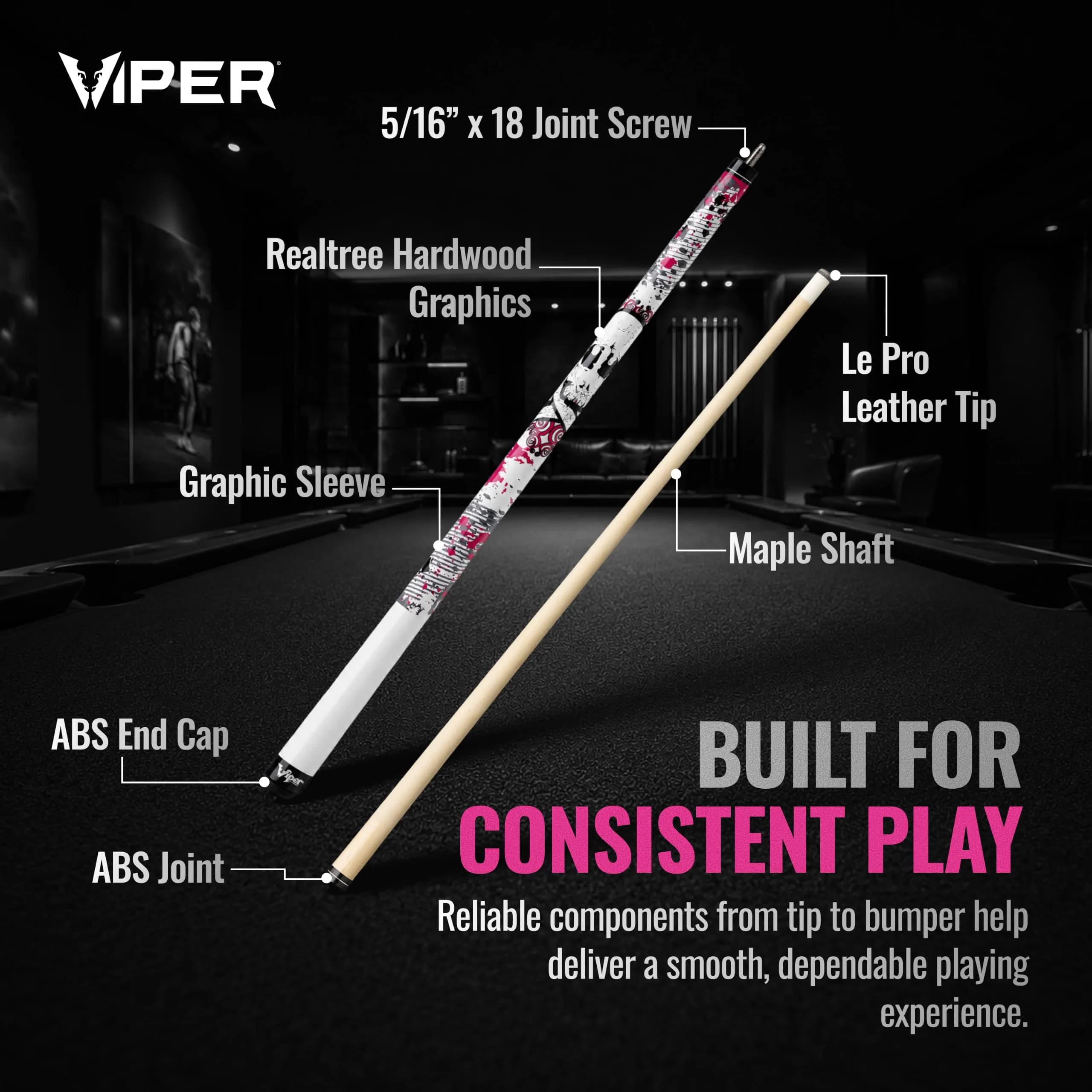Viper by GLD Products Junior 48" Pool Cue, Pink Bones, 16 Oz | 2-Piece Maple Hardwood - view 3