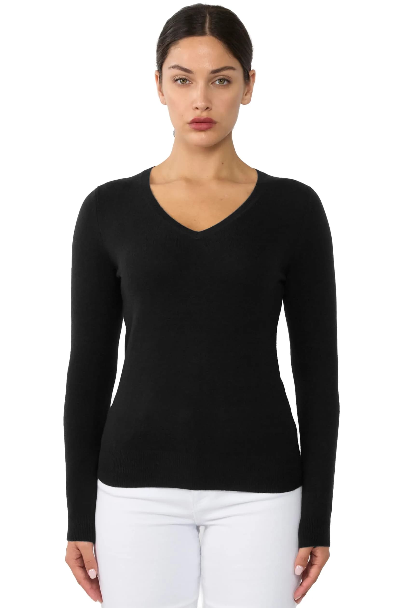 JENNIE LIU 100% Cashmere V Neck Sweater for Women, Black | Lightweight, Soft & Classic Fit