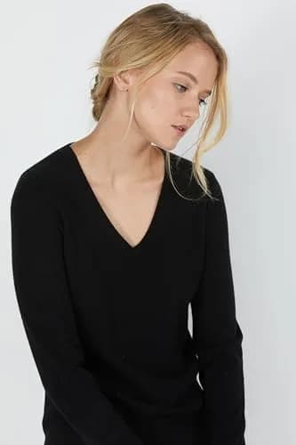 JENNIE LIU 100% Cashmere V Neck Sweater for Women, Black | Lightweight, Soft & Classic Fit thumbnail 6