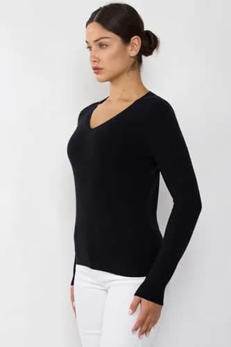 JENNIE LIU 100% Cashmere V Neck Sweater for Women, Black | Lightweight, Soft & Classic Fit thumbnail 2