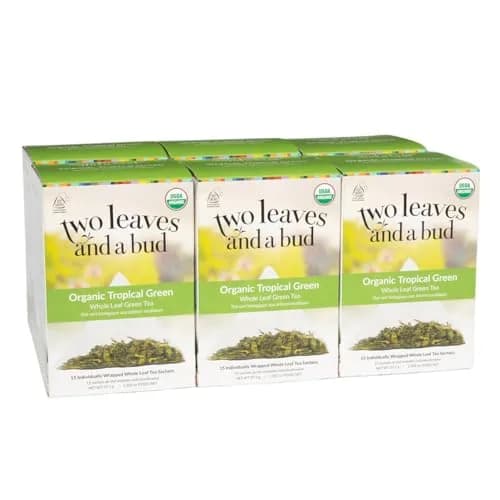 Two Leaves and a Bud Organic Tropical Green Tea Bags, 15 Count | Refreshing, Full Leaf Sencha in Eco-Pack thumbnail 1