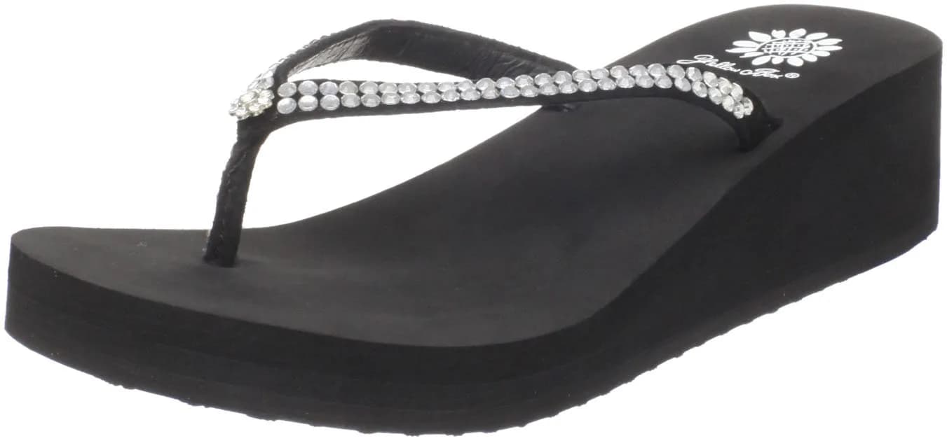 Yellow Box Custard Wedge Flip Flop 10 US | Sparkly Leather & Rhinestone Casual Sandal