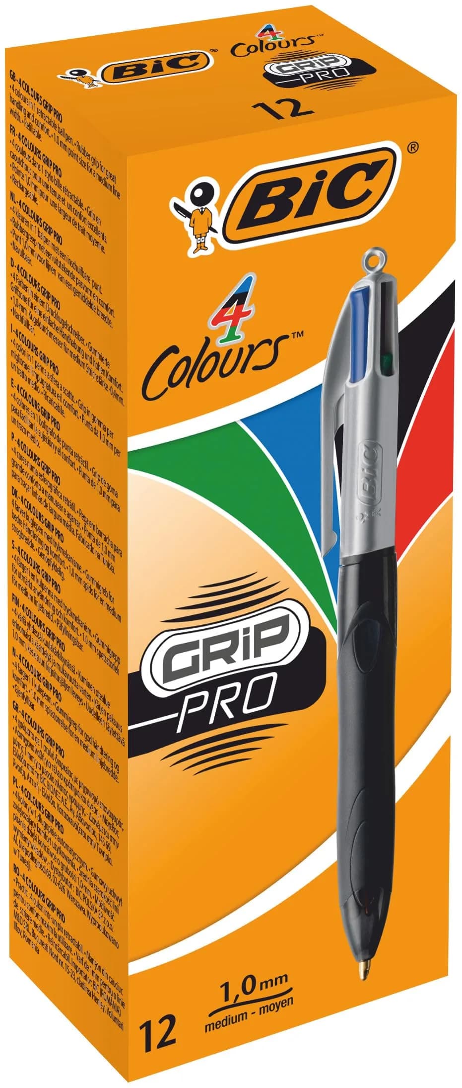 BIC 4 Colours Grip Pro Retractable Ballpoint Pens 12 Pack | 1.0 mm Medium Point, Assorted Colors, Refillable, Stylish Design — Multicoloured