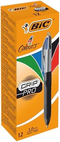 BIC 4 Colours Grip Pro Retractable Ballpoint Pens 12 Pack | 1.0 mm Medium Point, Assorted Colors, Refillable, Stylish Design thumbnail 1