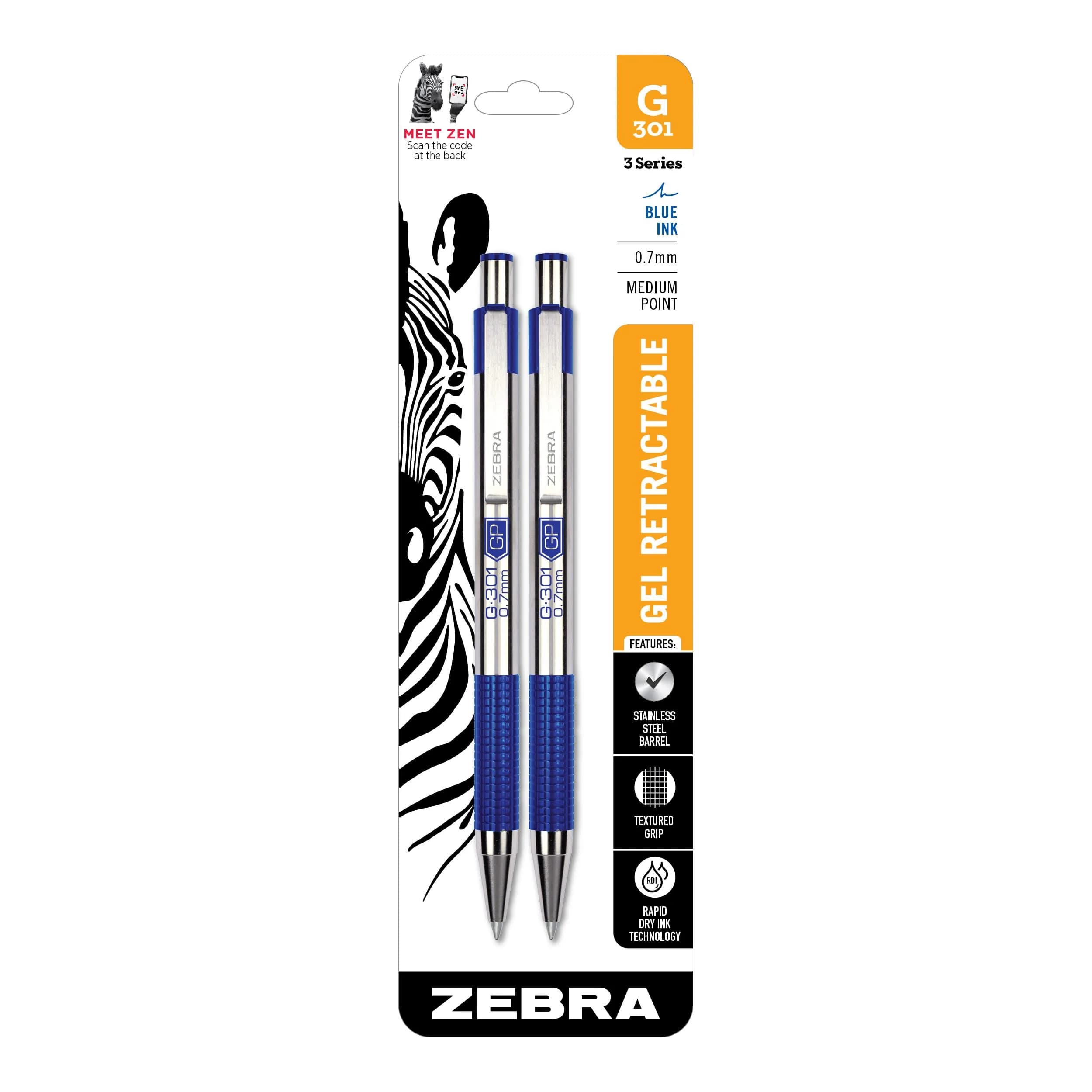 Zebra Pen STEEL G-301 Retractable Gel Pen, Blue Ink, 0.7mm, 2-Pack | Smooth Writing for Students & Professionals - main product image