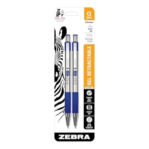 Zebra Pen STEEL G-301 Retractable Gel Pen, Blue Ink, 0.7mm, 2-Pack | Smooth Writing for Students & Professionals thumbnail 1