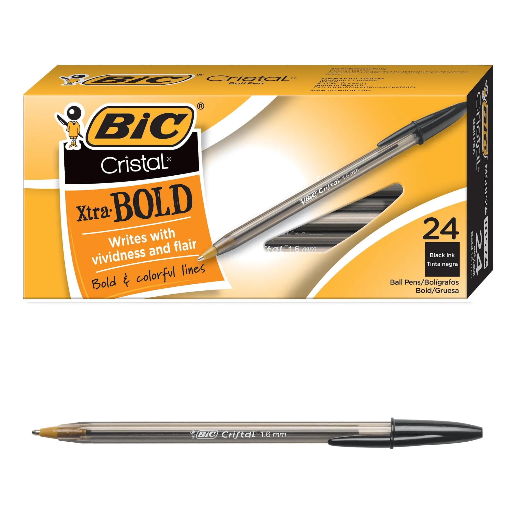BIC Cristal Xtra Bold Ballpoint Pens, 1.6mm Bold Point for Vivid Lines, Black Ink, 24 Count Pack - main product image