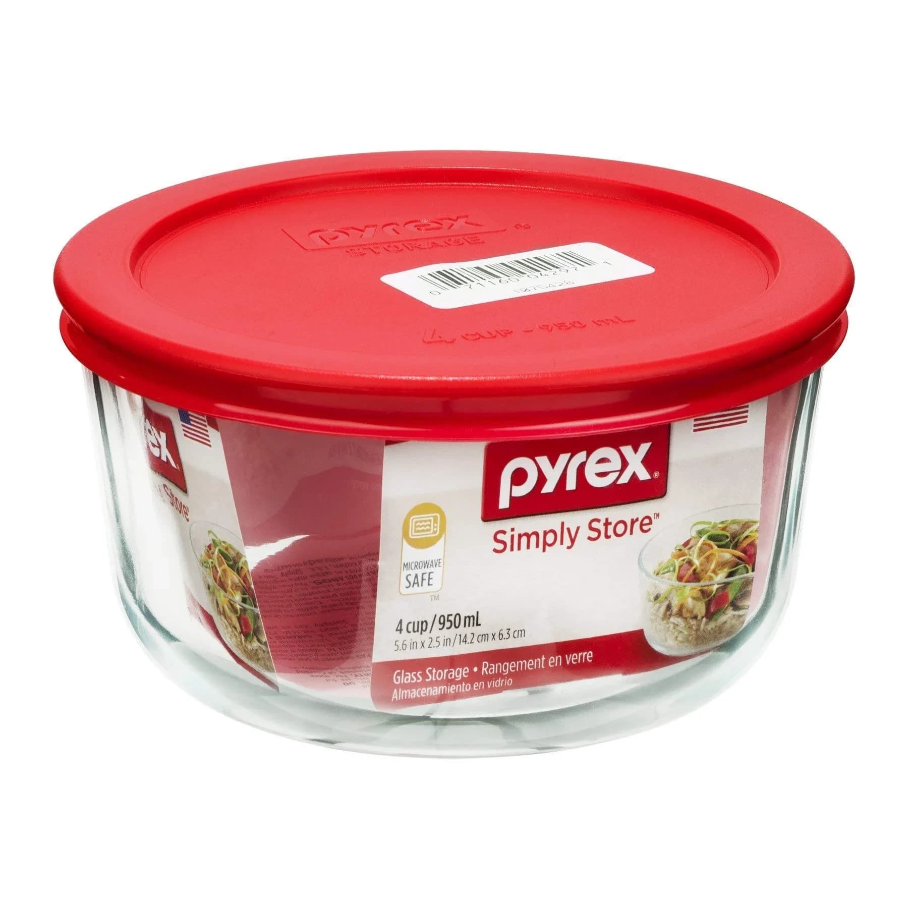 Pyrex Simply Store 4 Cup Glass Food Storage Container with Red BPA-Free Lid | 946ml (4 Cup) - main product image