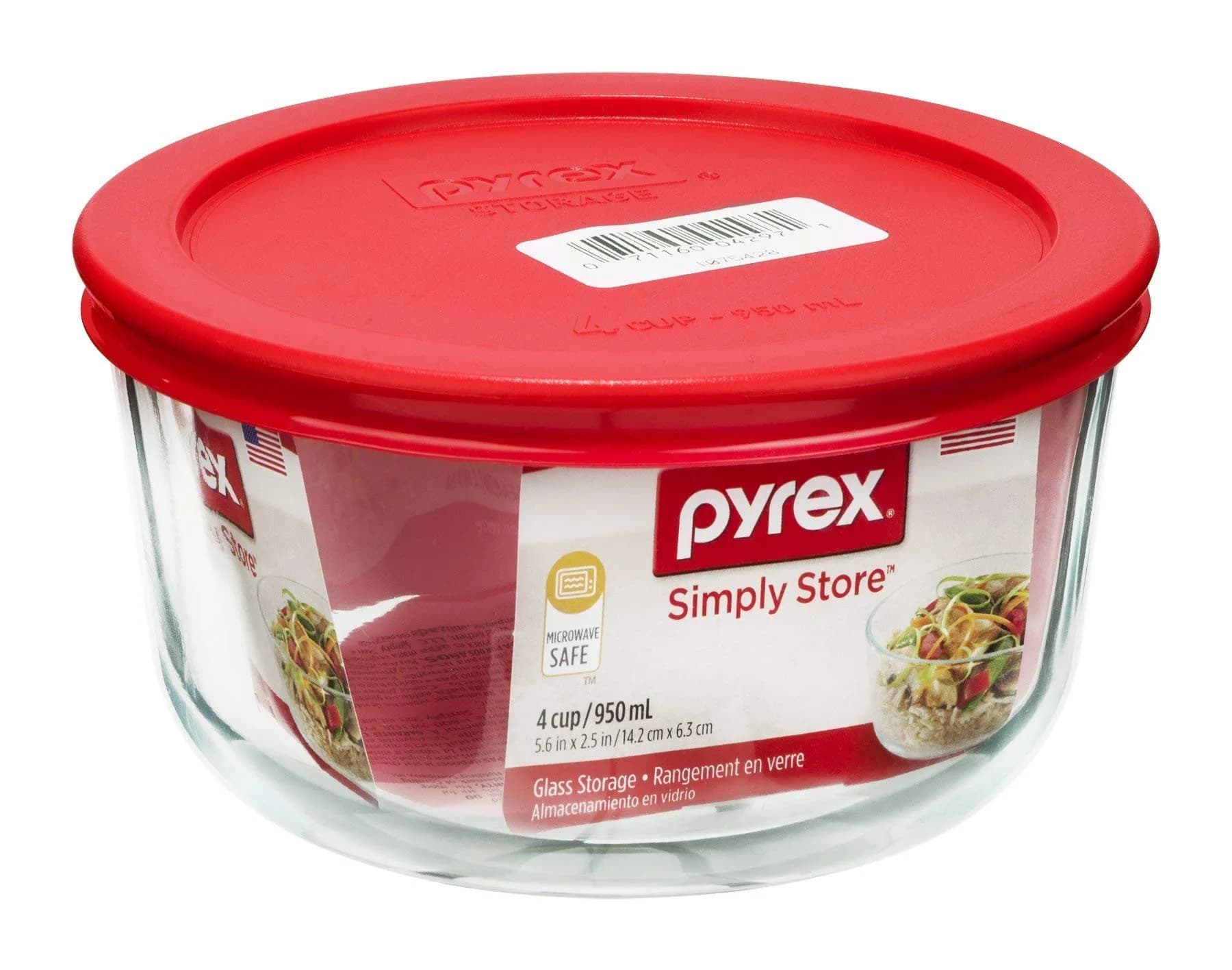 Pyrex Simply Store 4 Cup Glass Food Storage Container with Red BPA-Free Lid | 946ml (4 Cup) - main product image