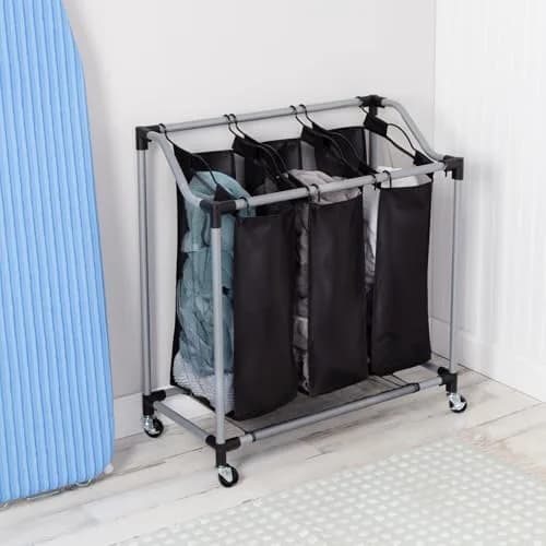 Honey-Can-Do Triple Laundry Sorter with Mesh 3 Bags | Modern Steel/Black Design thumbnail 2