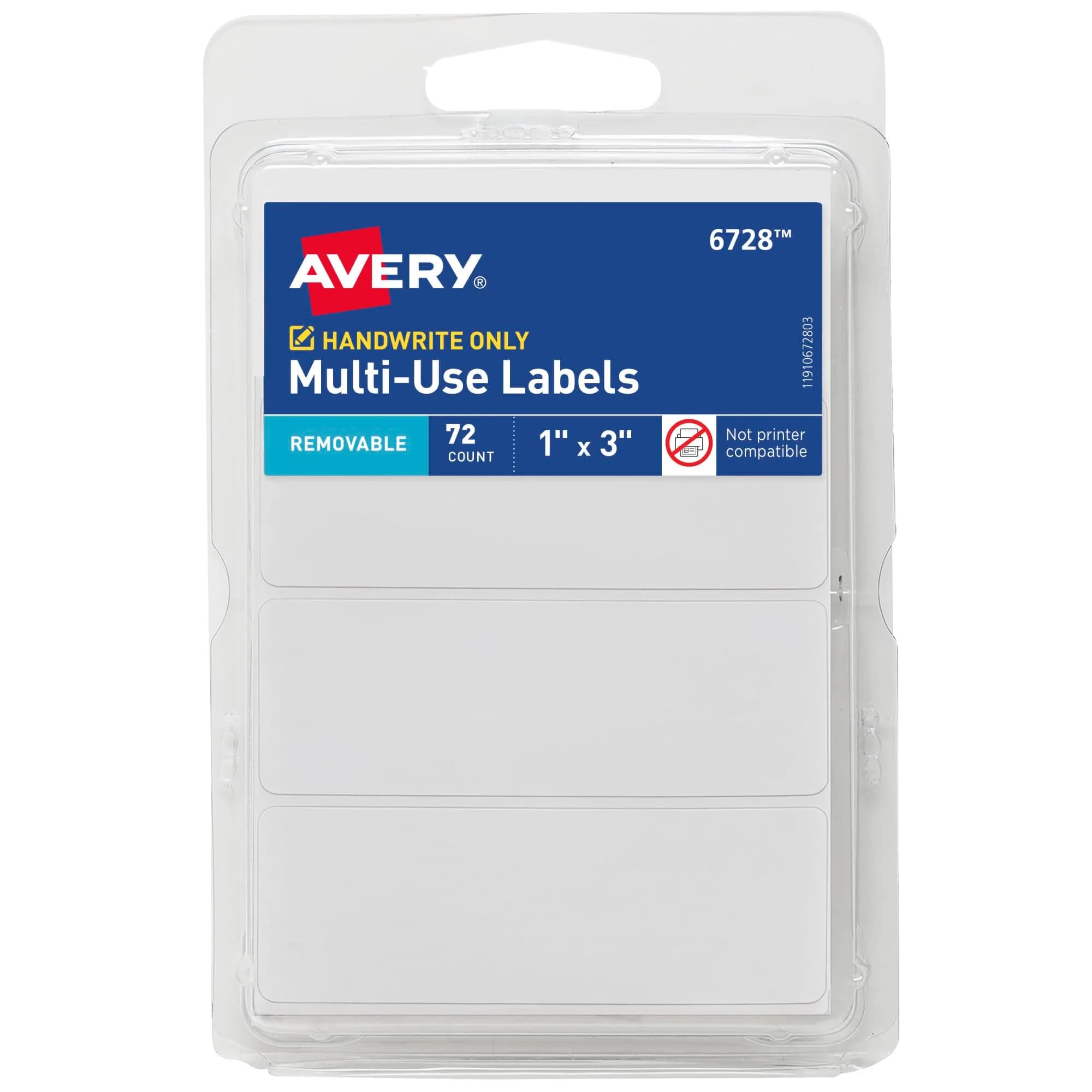 Avery® Multi-Use Removable Labels 1" x 3" White 72 Labels | Write-On Blank Stickers for Organization - main product image