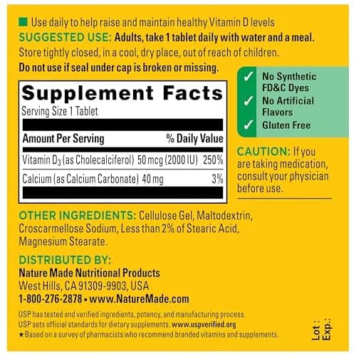 Nature Made Vitamin D3 2000 IU (50 mcg), 100 Vitamin D Tablets | Supports Bone, Immune & Muscle Health thumbnail 7