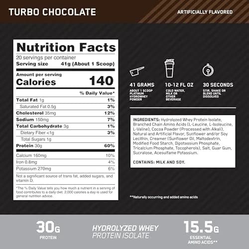 Optimum Nutrition Platinum Hydrowhey Protein Powder Turbo Chocolate 1.8 lb (816 g) | 30g Protein per Serving with BCAAs thumbnail 3