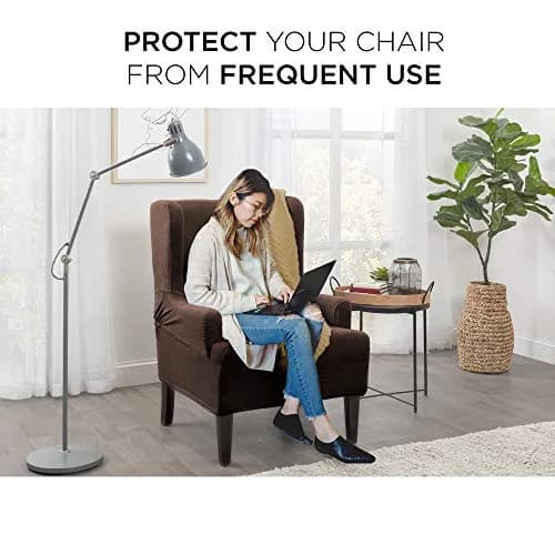 Zenna Home Maytex Pixel Stretch Wing Chair Slipcover Chocolate Brown 78cm (31in) Wide | OEKO-TEX Certified thumbnail 2