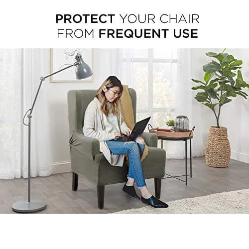 Maytex Pixel Ultra-Soft Stretch Textured Mini Dot 1-Piece Wing Chair Furniture Cover Slipcover, Dusty Olive, 25-31" Wide | OEKO-TEX Certified thumbnail 2