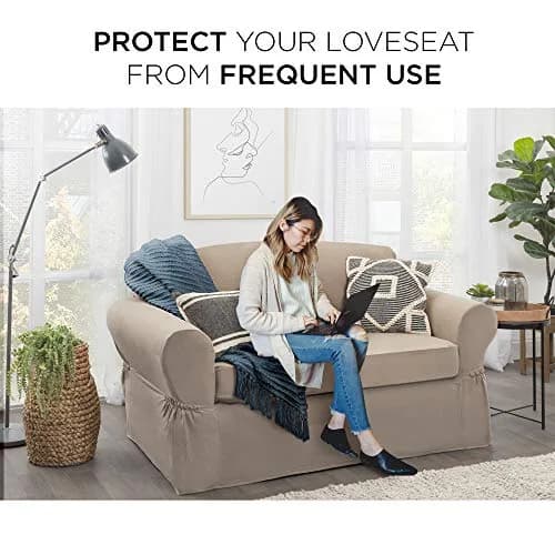 MAYTEX Pixel Ultra Soft Stretch 2 Piece Loveseat Furniture Cover Slipcover, Sand | Fits Loveseats up to 73" Long thumbnail 2