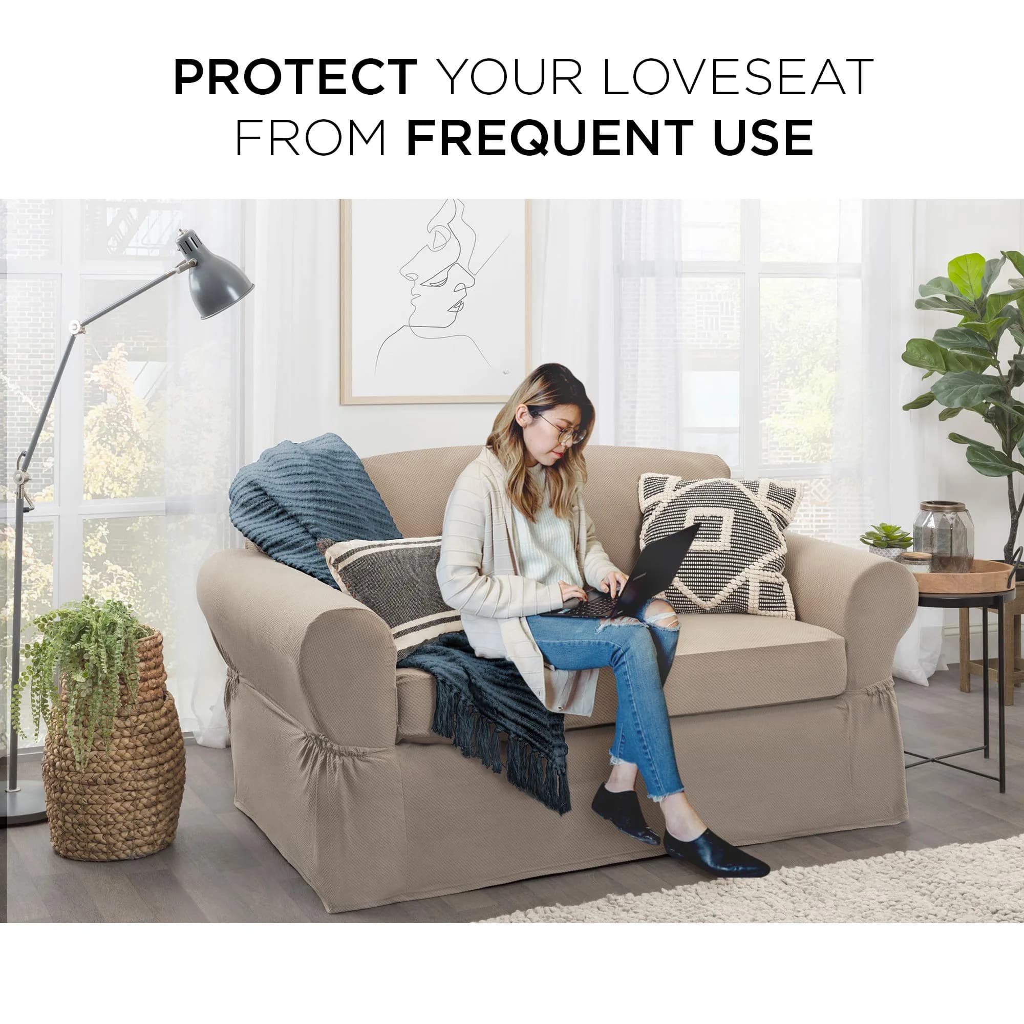 MAYTEX Pixel Ultra Soft Stretch 2 Piece Loveseat Furniture Cover Slipcover, Sand | Fits Loveseats up to 73" Long - view 2