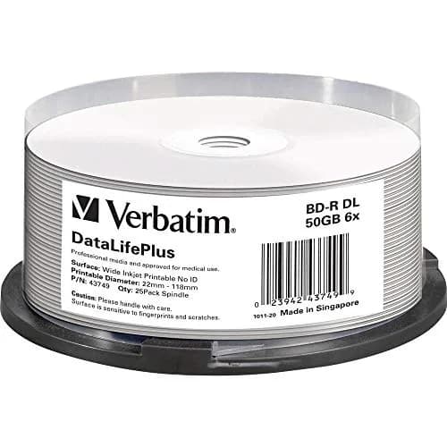 Verbatim BD-R DL 50GB 8X Blu-ray Recordable Media Disc White Inkjet Hub Printable 25pk Spindle | DataLifePlus White Inkjet Hub Printable thumbnail 1