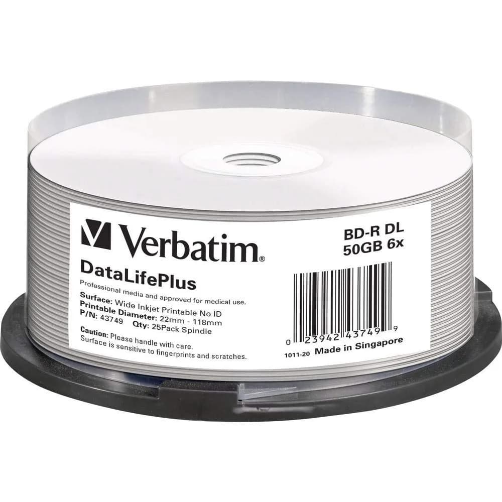 Verbatim BD-R DL 50GB 8X Blu-ray Recordable Media Disc White Inkjet Hub Printable 25pk Spindle | DataLifePlus White Inkjet Hub Printable - main product image