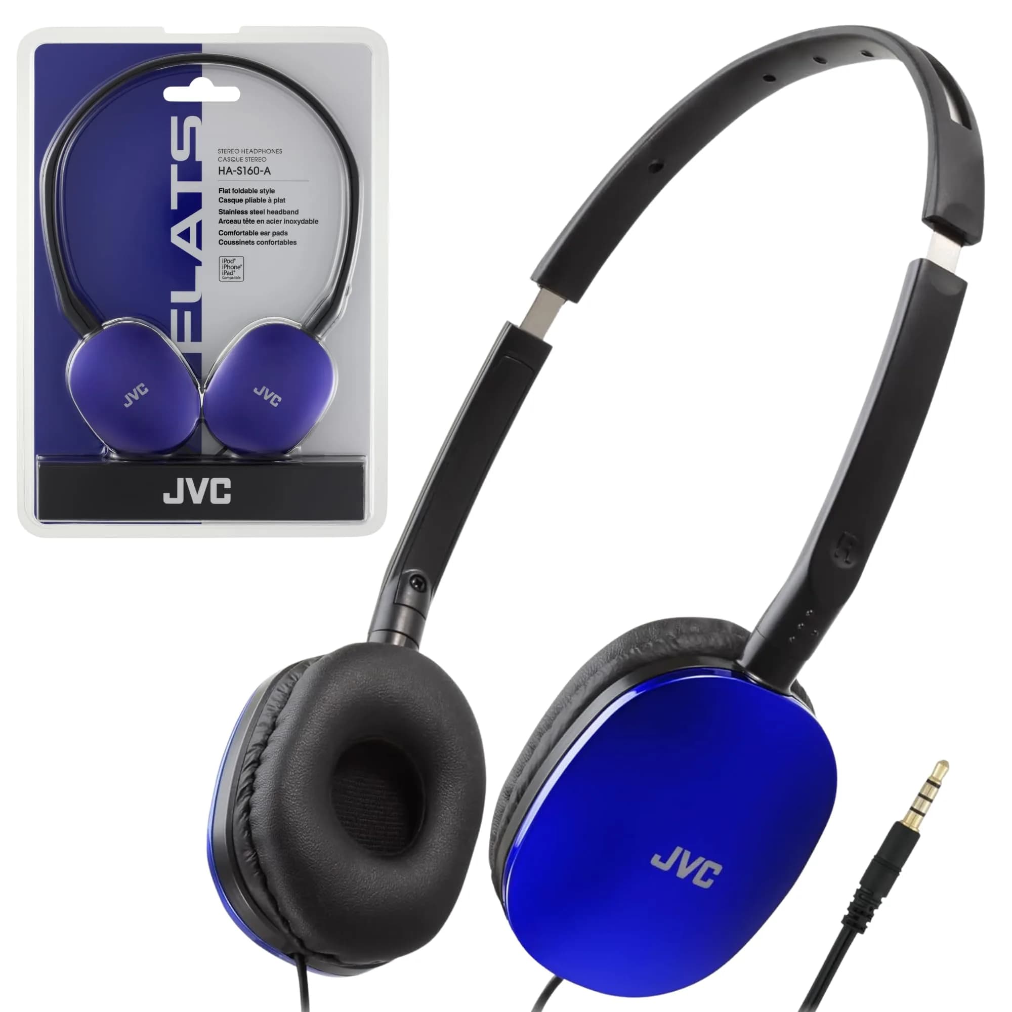 JVC HAS160A Flat Foldable On-Ear Headphones - Blue | 1.2m (3.9ft) Cable - main product image