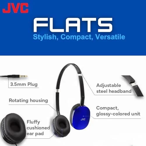 JVC HAS160A Flat Foldable On-Ear Headphones - Blue | 1.2m (3.9ft) Cable thumbnail 2