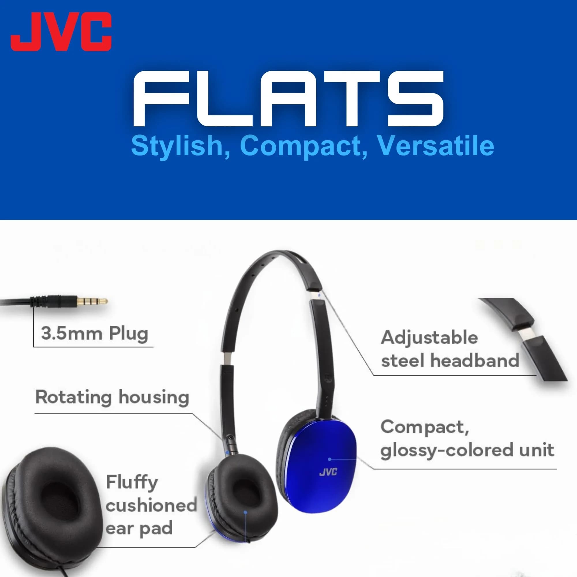 JVC HAS160A Flat Foldable On-Ear Headphones - Blue | 1.2m (3.9ft) Cable - view 2