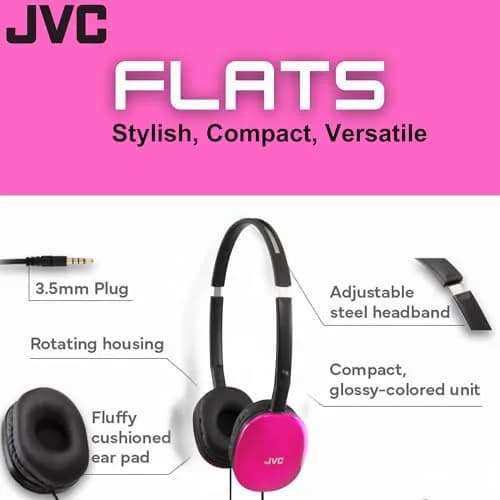 JVC Flats On-Ear Wired Headphones Pink | 30mm Driver, Foldable Design, 3.5mm Plug thumbnail 2