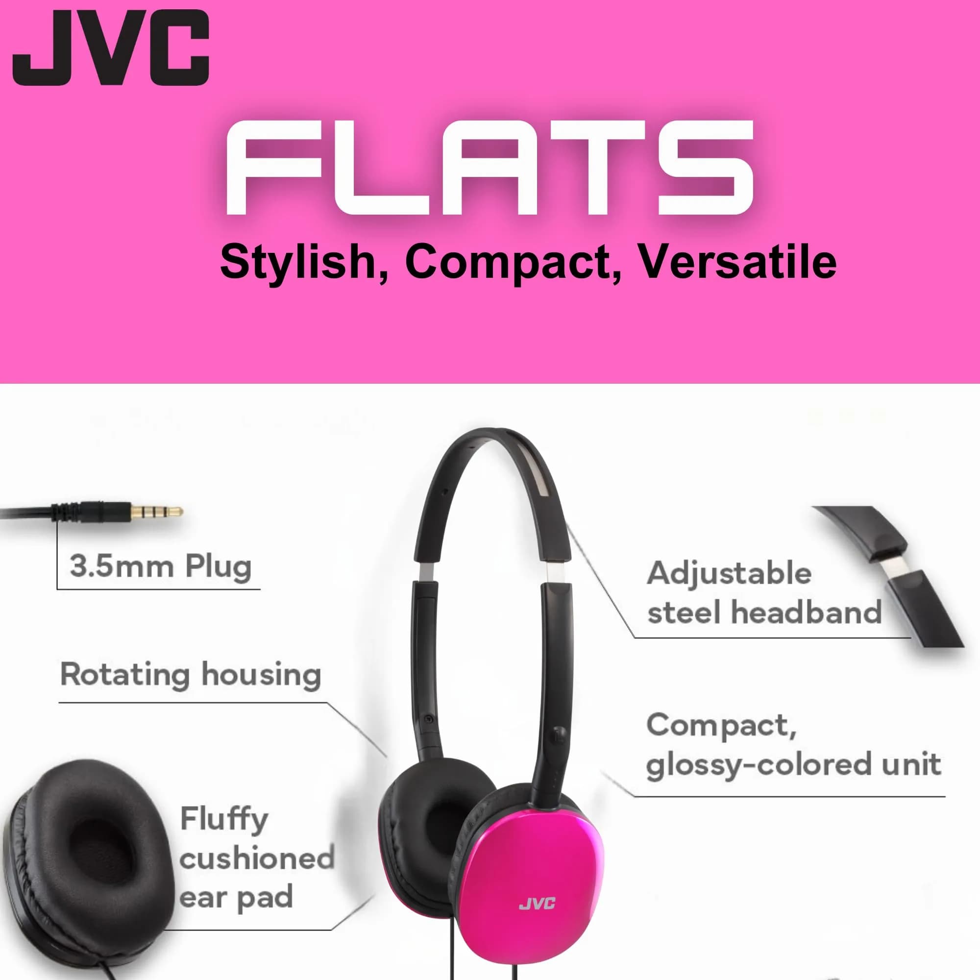 JVC Flats On-Ear Wired Headphones Pink | 30mm Driver, Foldable Design, 3.5mm Plug - view 2
