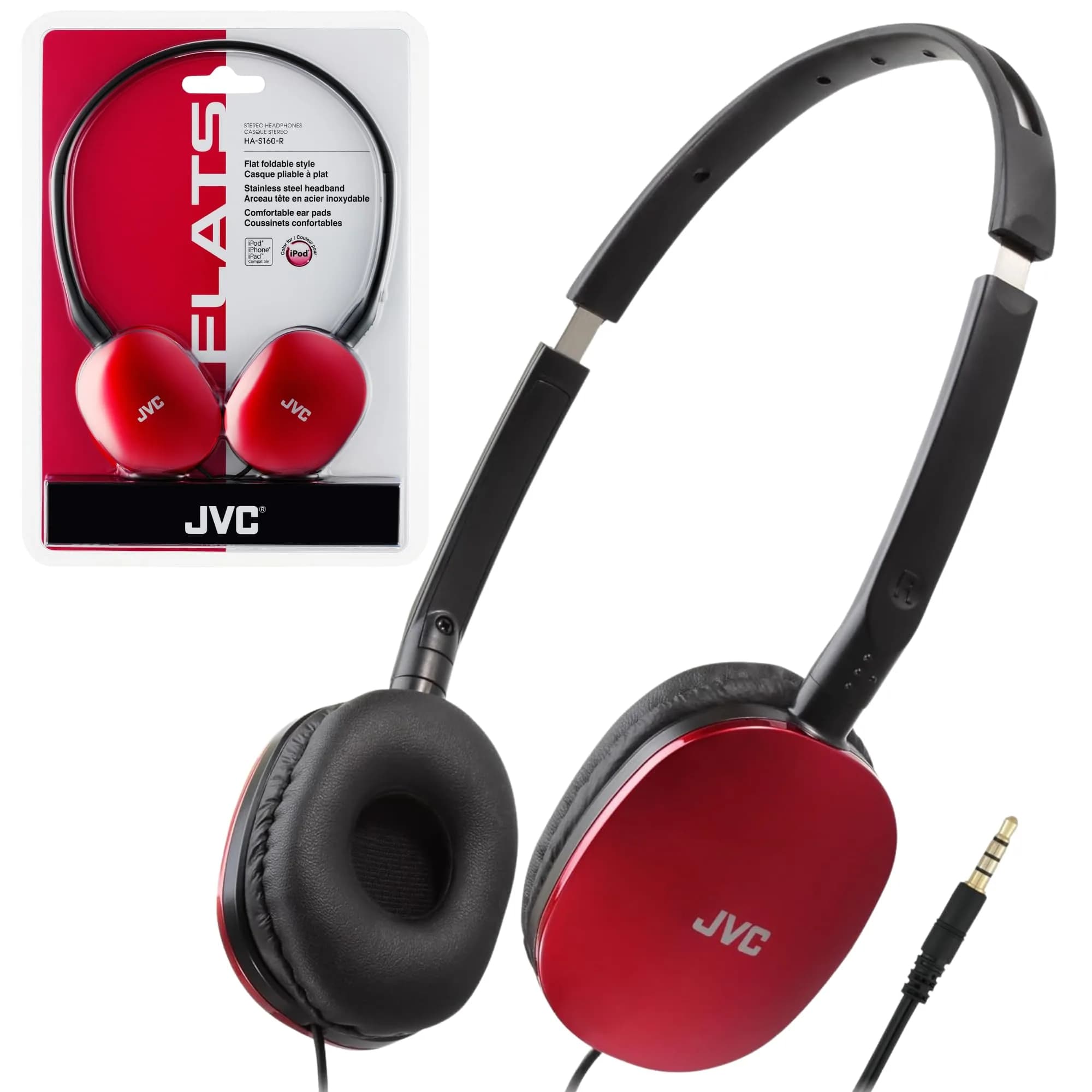 JVC HAS160R Red Foldable On-Ear Headphones - No Mic, 30mm Drivers - main product image
