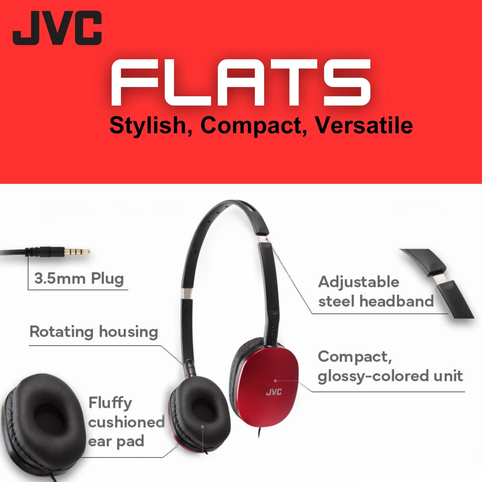 JVC HAS160R Red Foldable On-Ear Headphones - No Mic, 30mm Drivers - view 2
