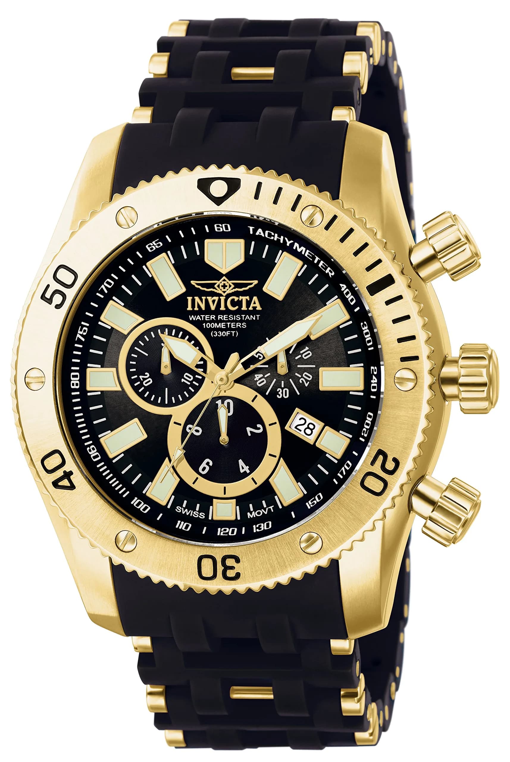 Invicta Men's 0140 Sea Spider Collection 18k Gold Ion-Plated and Black Polyurethane Watch | 50mm Case, Quartz, Water-Resistant
