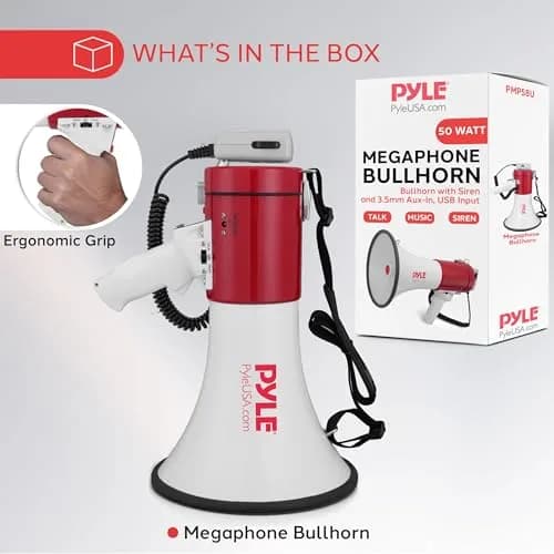 Pyle Megaphone 50W PA Bullhorn - Built-in Siren, Adjustable Volume & 1760 Yard Range, Record Function for Sports & Safety thumbnail 7