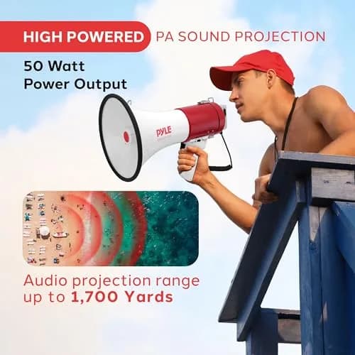Pyle Megaphone 50W PA Bullhorn - Built-in Siren, Adjustable Volume & 1760 Yard Range, Record Function for Sports & Safety thumbnail 2