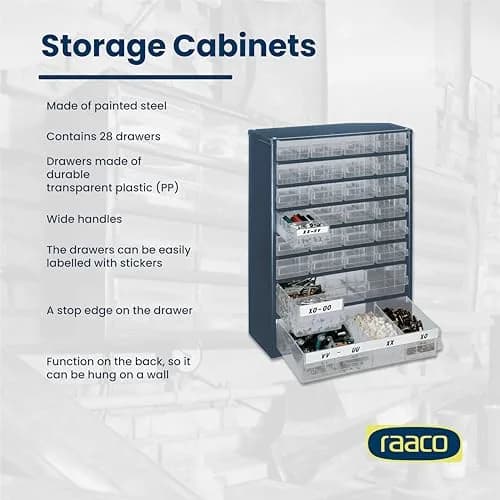 Raaco Steel Storage Cabinet, 28-Drawer | Heavy-Duty Metal Organizer for Workshop & Garage thumbnail 3