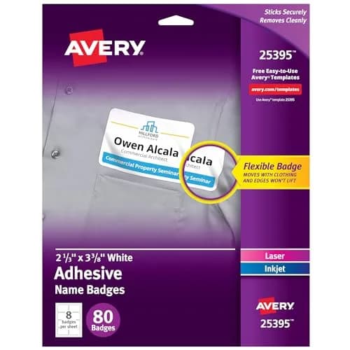 Avery Flexible Printable Name Tag Stickers 2-1/3" x 3-3/8" Matte White 80 Labels | Removable Adhesive for Events & Organization thumbnail 1