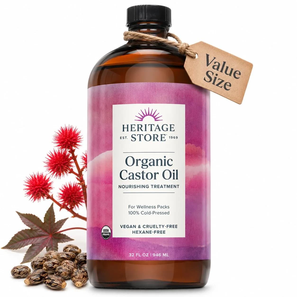 HERITAGE STORE USDA Organic Cold Pressed Castor Oil 473ml (16 fl oz) | Pure Hair & Skin Treatment — Unscented / 32 Fl Oz