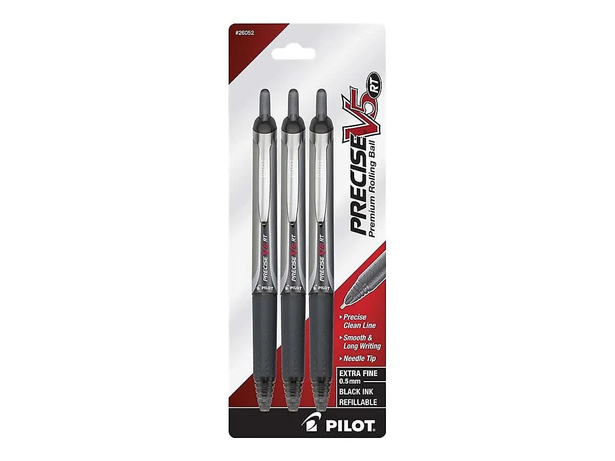 Pilot Precise V5 RT Rollerball Pens, Extra Fine 0.5mm Black Ink, 3 Count Pack - main product image