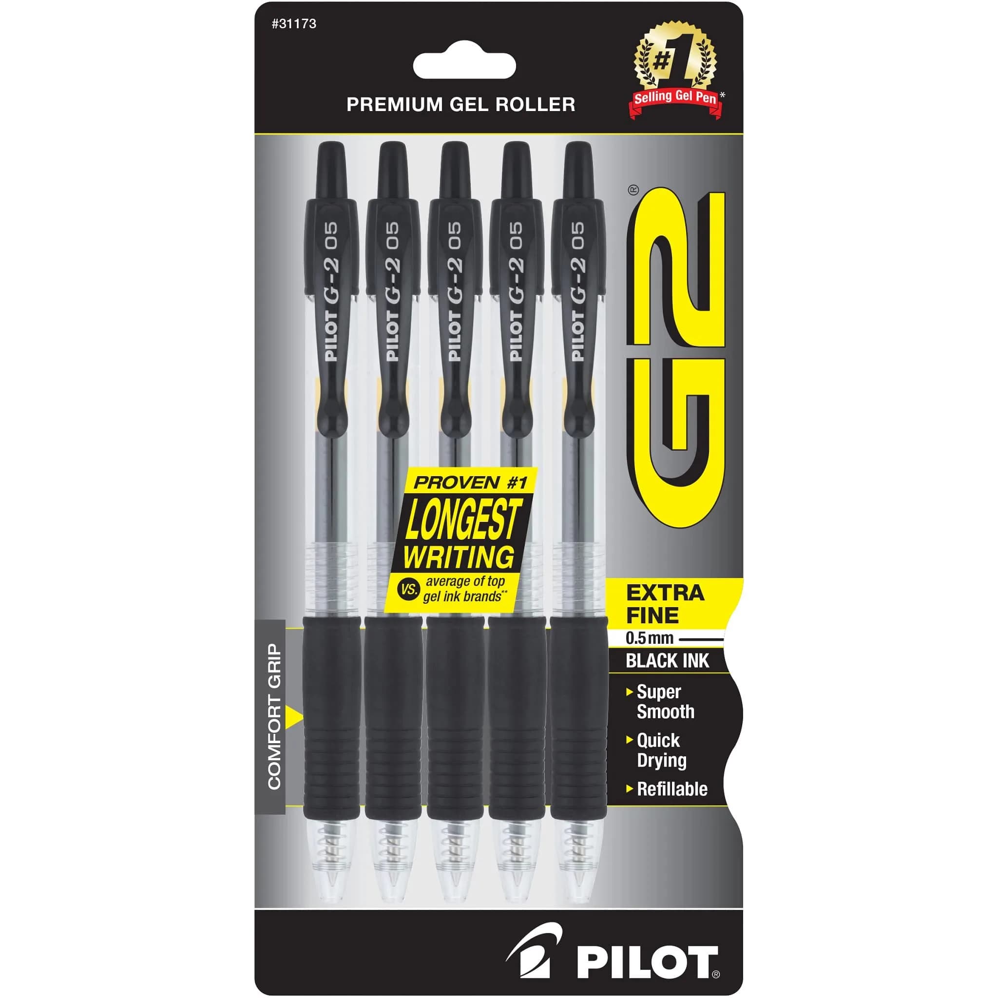 PILOT G2 Rolling Ball Gel Pens 0.5mm Assorted Colors 5-Pack | Smooth Ink Flow for Students & Office — Black