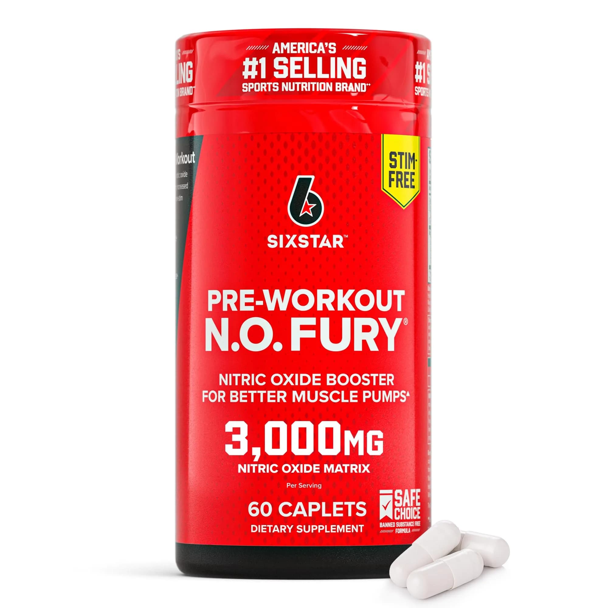 Six Star Pre-Workout N.O Fury Nitric Oxide Booster Pills for Muscle Pumps | Stimulant-Free, 60 Caplets, Unflavored