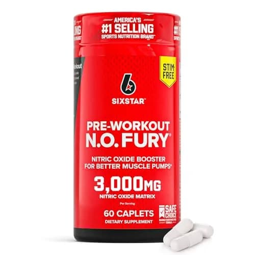 Six Star Pre-Workout N.O Fury Nitric Oxide Booster Pills for Muscle Pumps | Stimulant-Free, 60 Caplets, Unflavored thumbnail 1