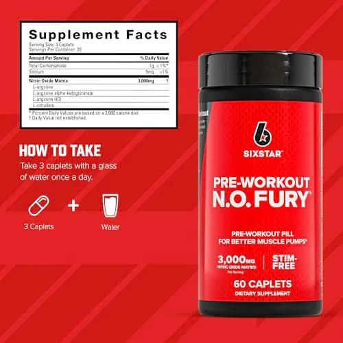 Six Star Pre-Workout N.O Fury Nitric Oxide Booster Pills for Muscle Pumps | Stimulant-Free, 60 Caplets, Unflavored thumbnail 5