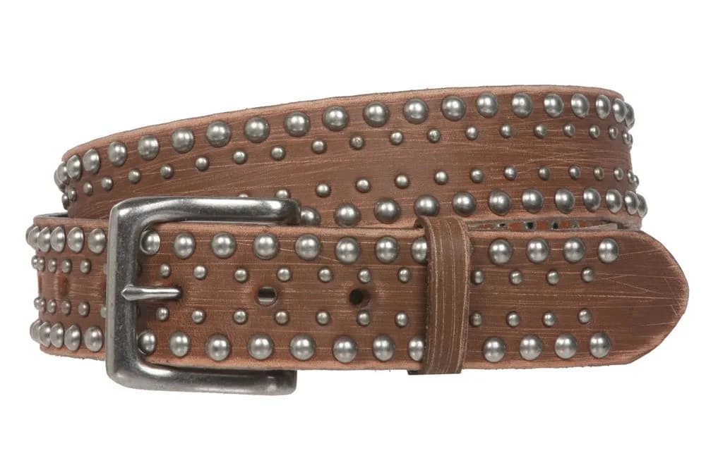 Beltiscool 1 1/2" Snap on Antique Silver Leather Belt, Tan | Vintage Casual Accessory