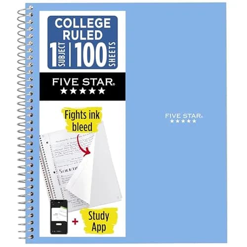 Five Star Spiral Notebook 1 Subject College Ruled 100 Sheets Blue | Study App Integration